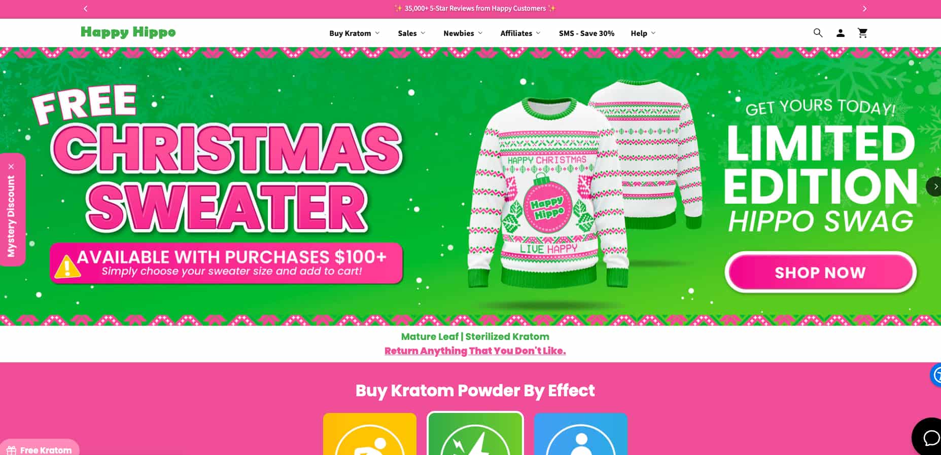 Happy Hippo Herbals review showing kratom powder capsules and extract products with hippo branding